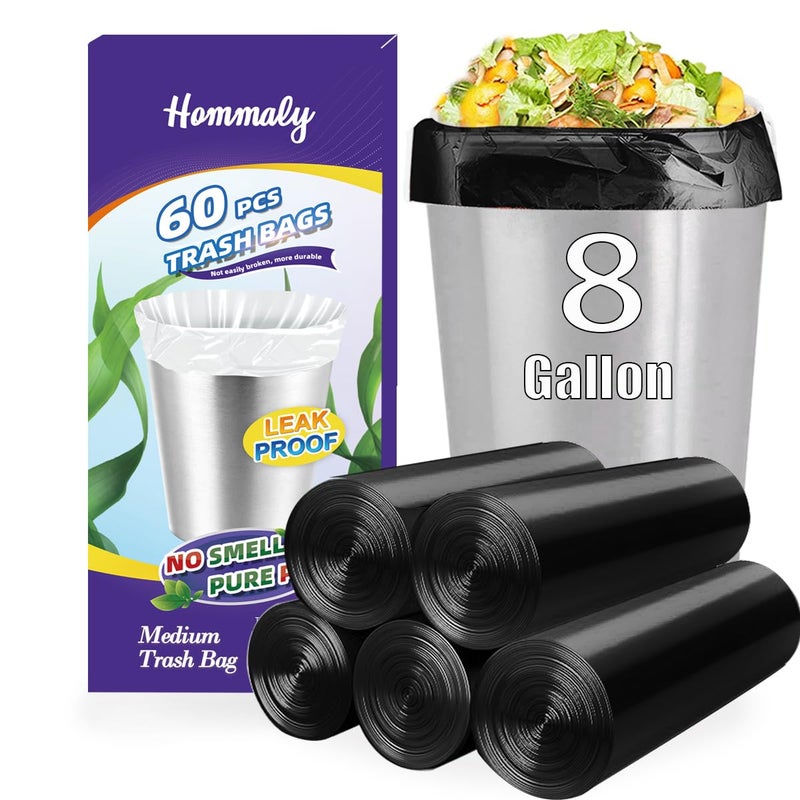 HOMMALY 8 Gallon 60pcs Medium Black Trash Bags Strong Black Garbage Bags, Bathroom Trash Can Bin Liners, Plastic Bags for Office Home Kitchen, Waste Basket Liner, Fit 30 Liter, 7,8 Gal(8G60-Black) - Image 1